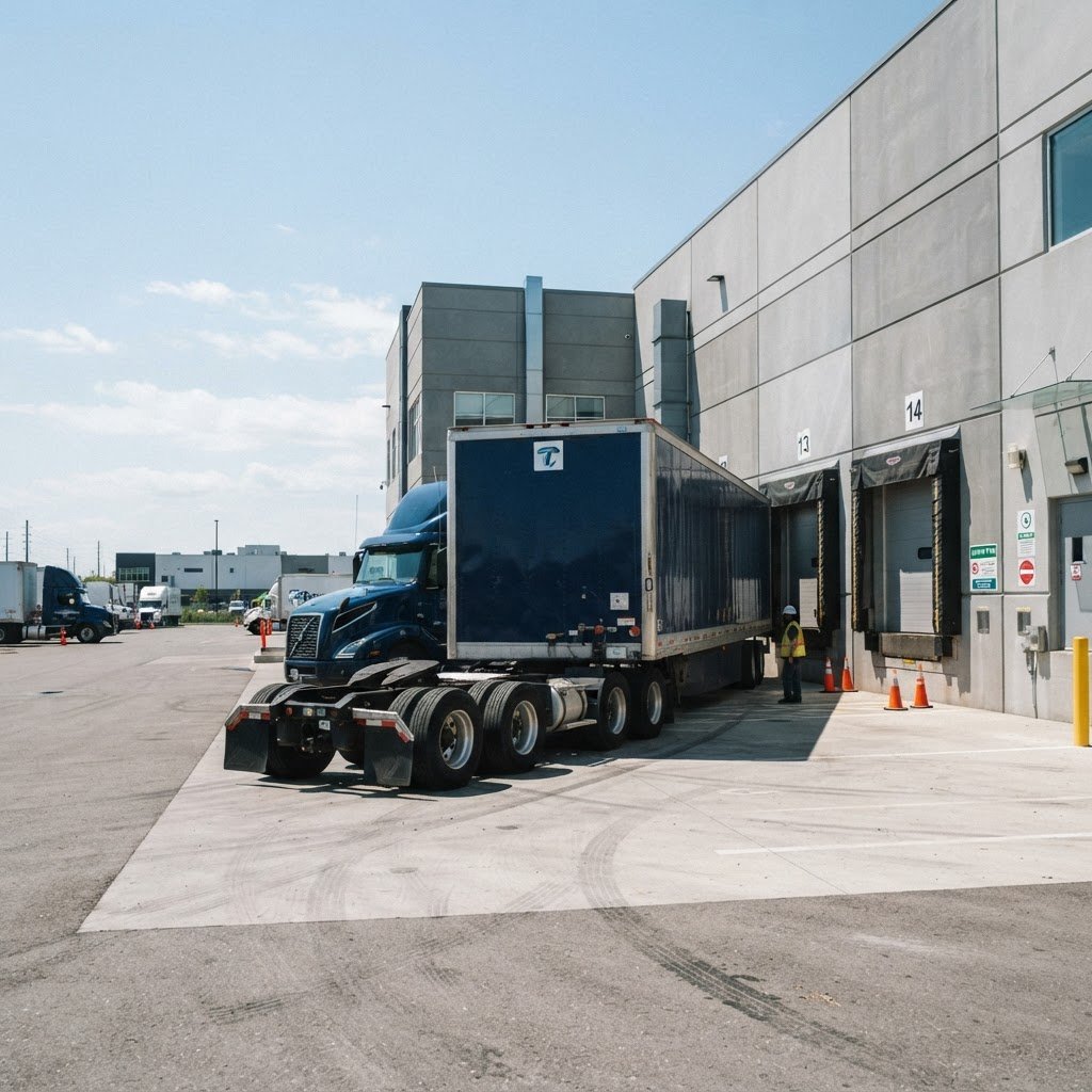 Regional truck arriving at a modern warehouse loading bay