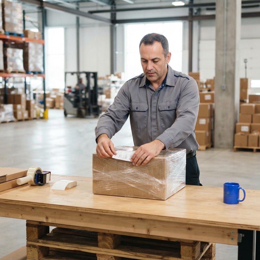 Warehouse supervisor labeling freight for shipment