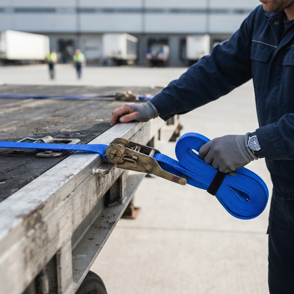 Close up of flatbed trailer tie down equipment
