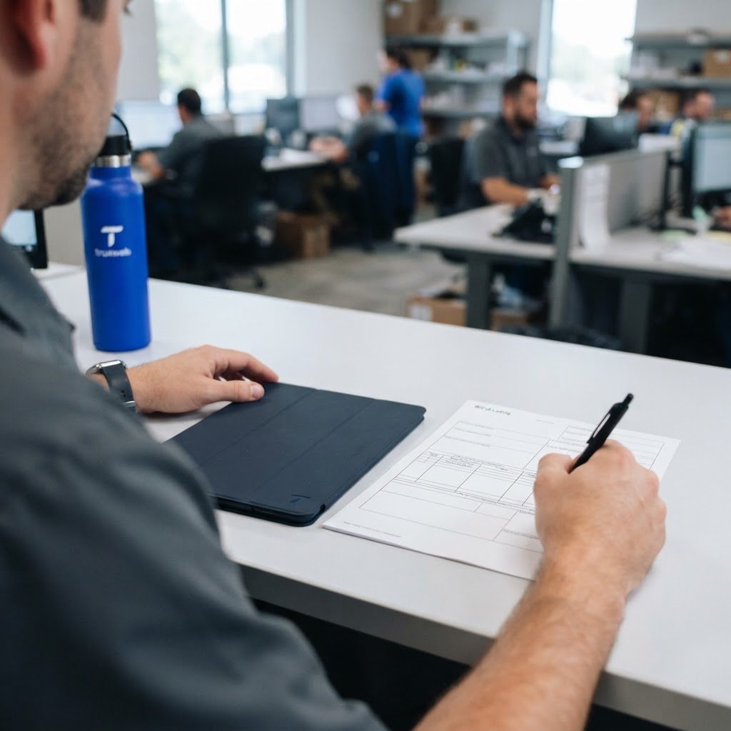Hands of a logistics coordinator on a desk next to a bill of lading