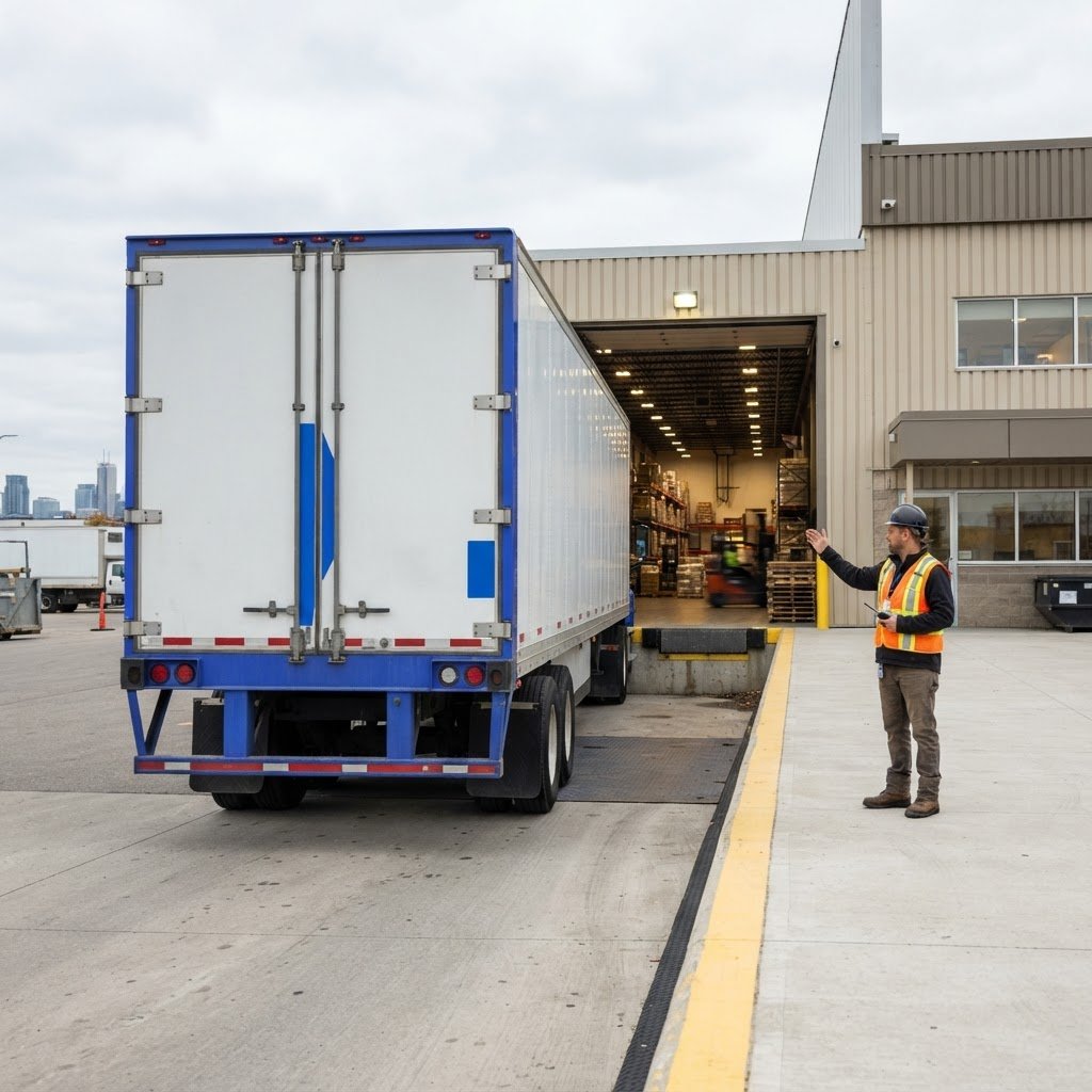 Transport truck backing into a Toronto warehouse loading bay