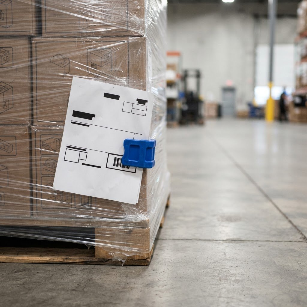 Shrink-wrapped pallet with a blue clip on a warehouse floor