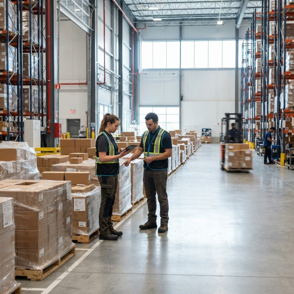 Warehouse staff inspecting organized pallets in a bright Toronto facility