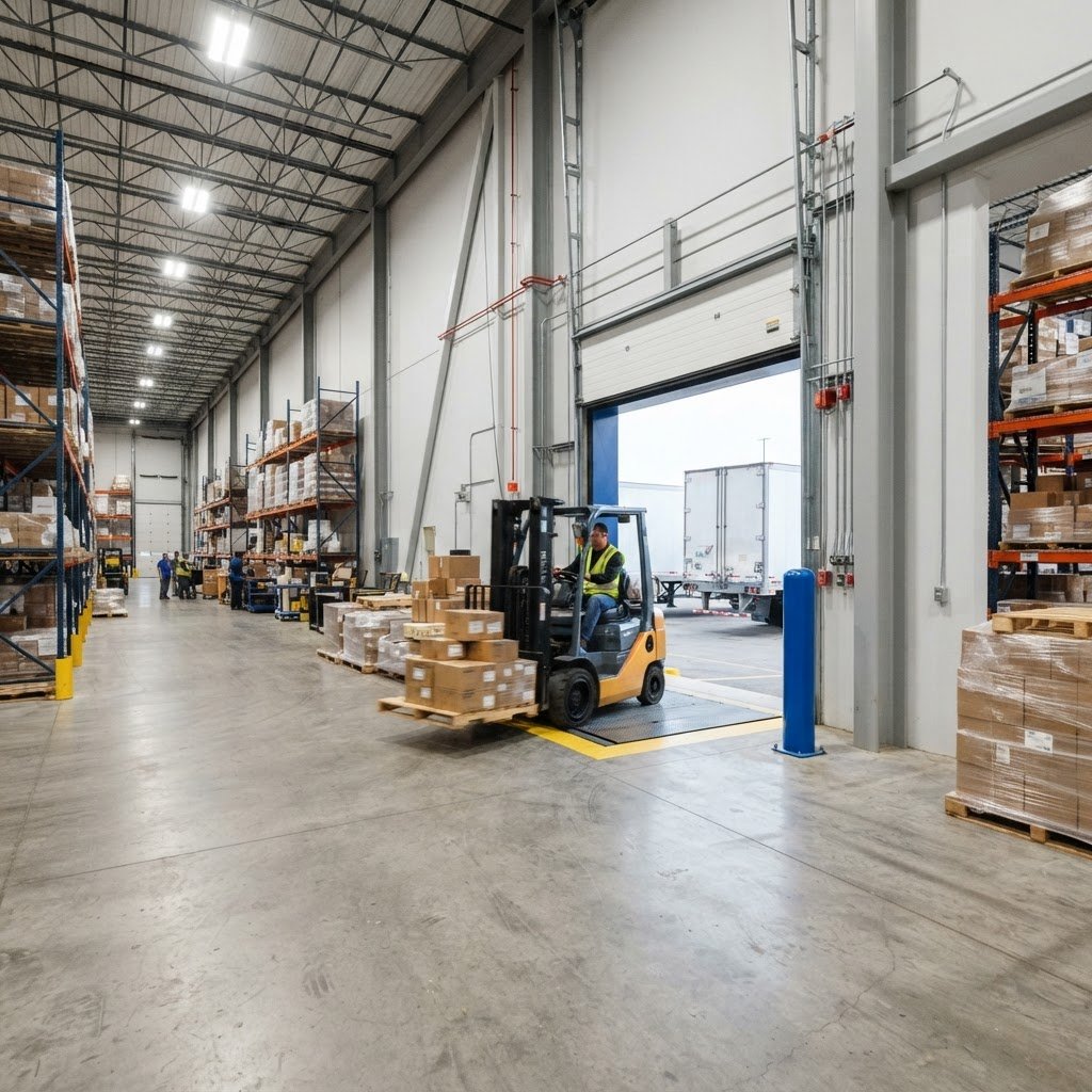 Forklift operator in a clean modern Quebec warehouse