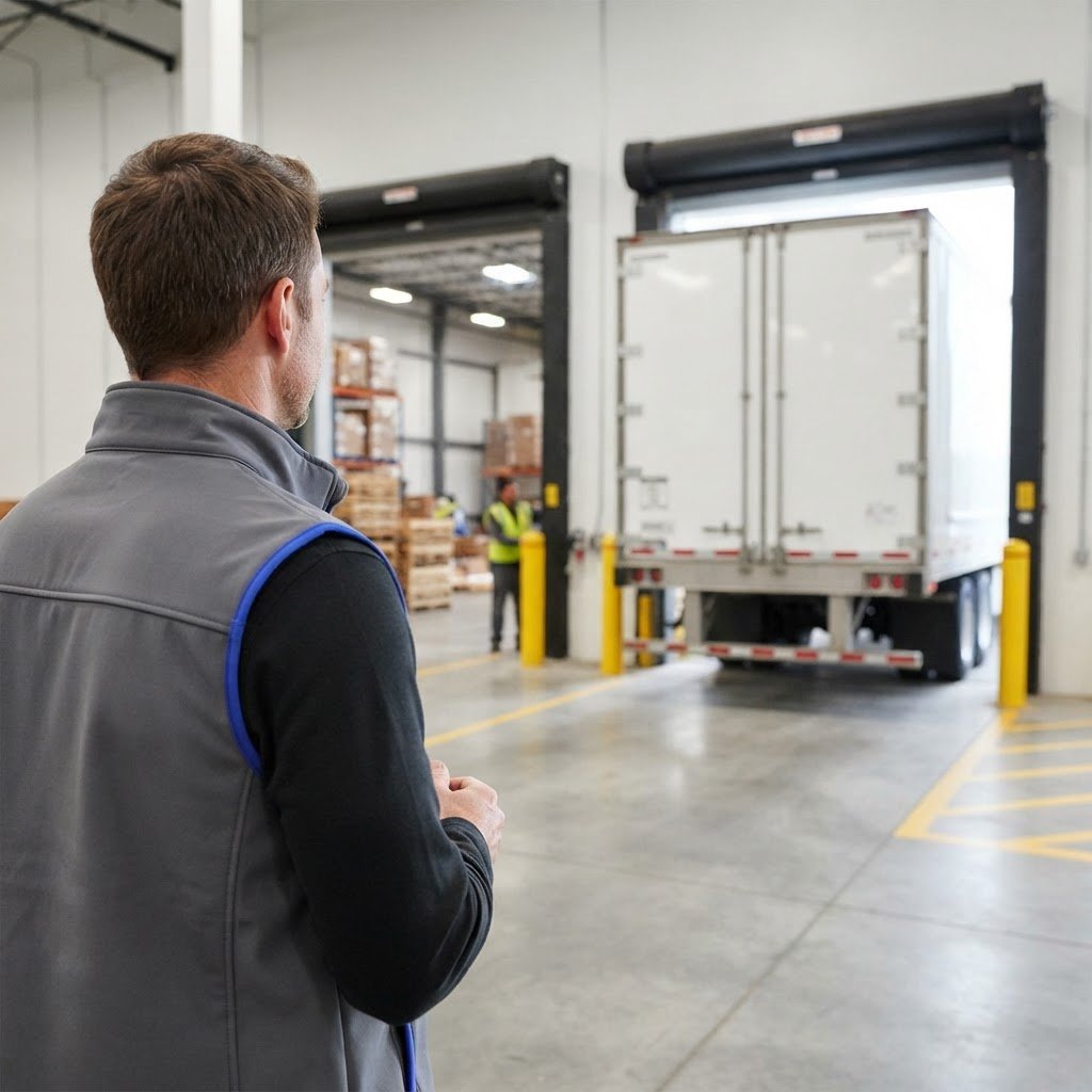 Logistics manager watching a truck arrive at a warehouse bay