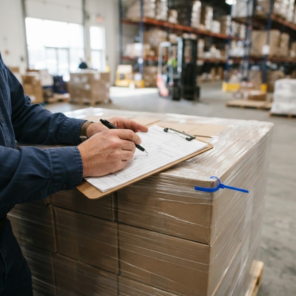 Hands checking a bill of lading on a pallet