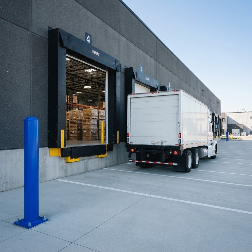 Regional truck approaching a clean warehouse loading bay