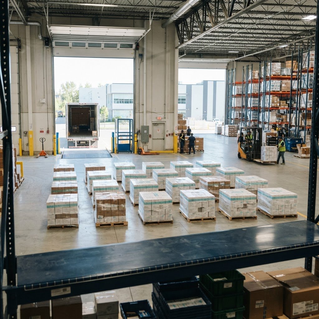 Organized staging area with pallets in a Montreal warehouse