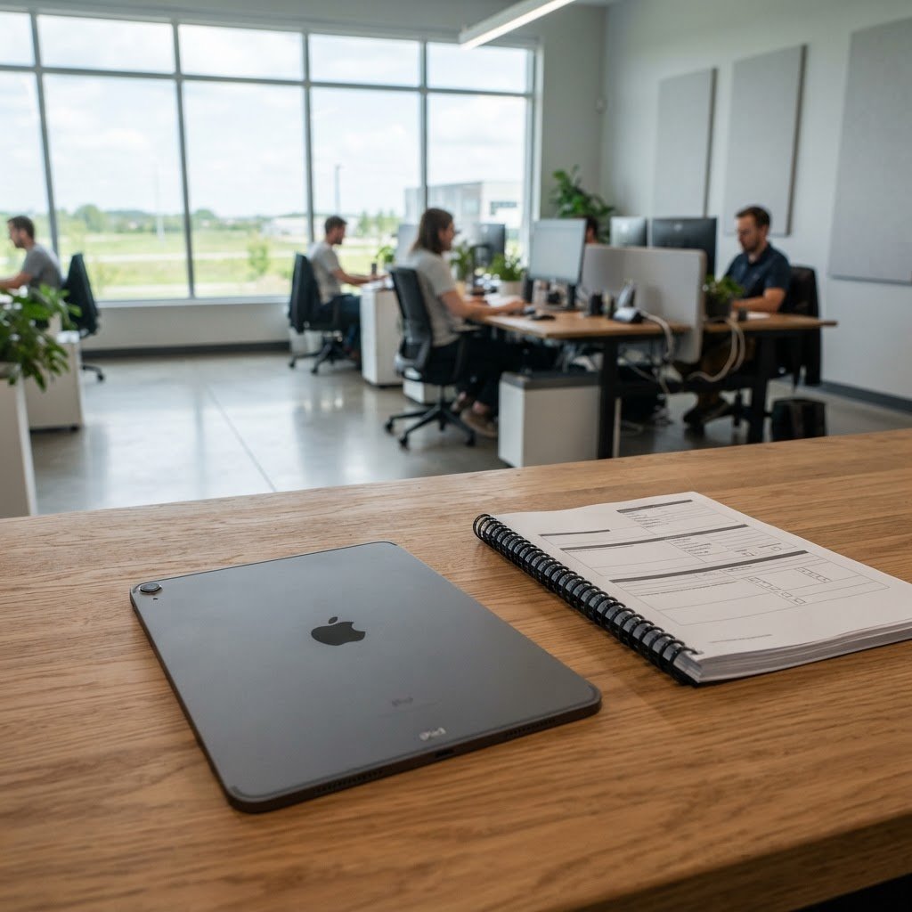 Shipping management workspace with a tablet and documents