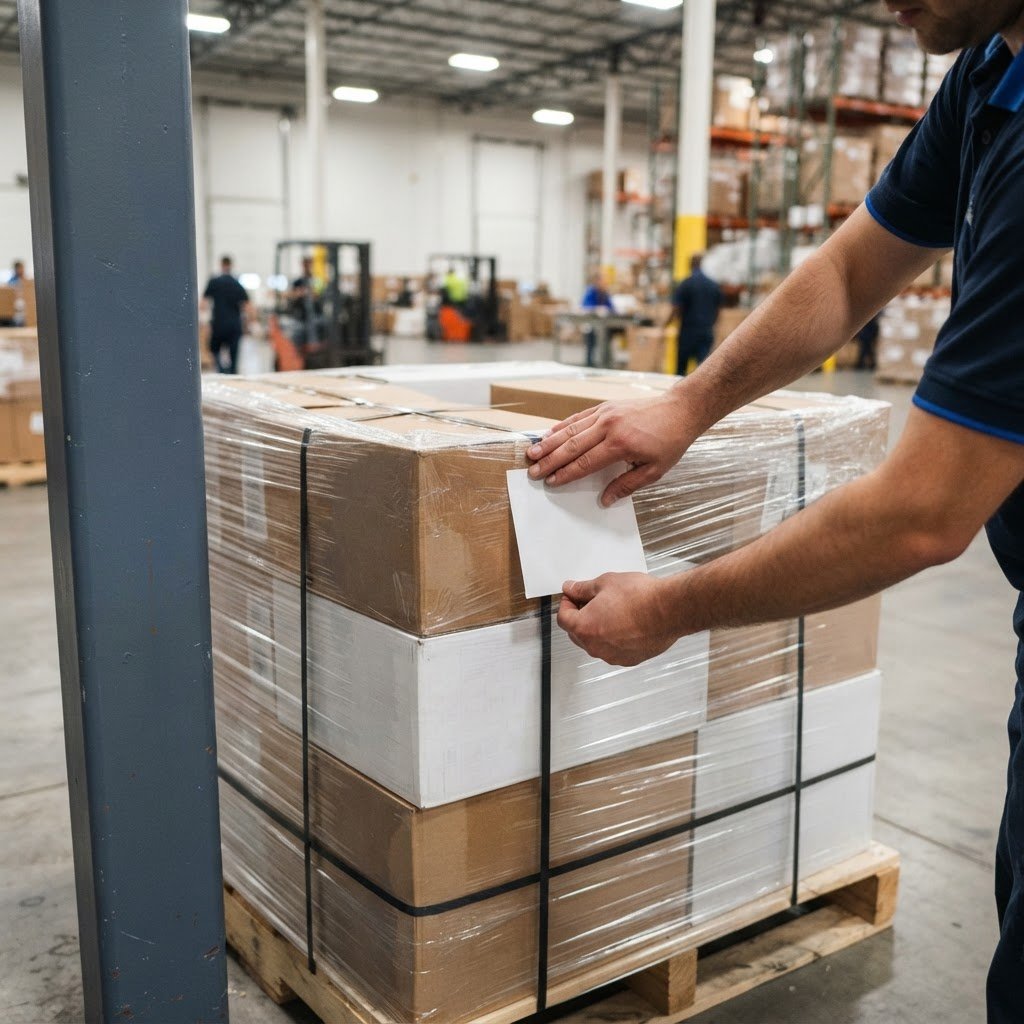 Warehouse worker applying a shipping label to a pallet