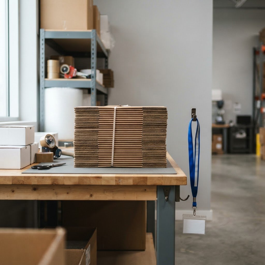 Clean packing station with organized shipping materials in a warehouse