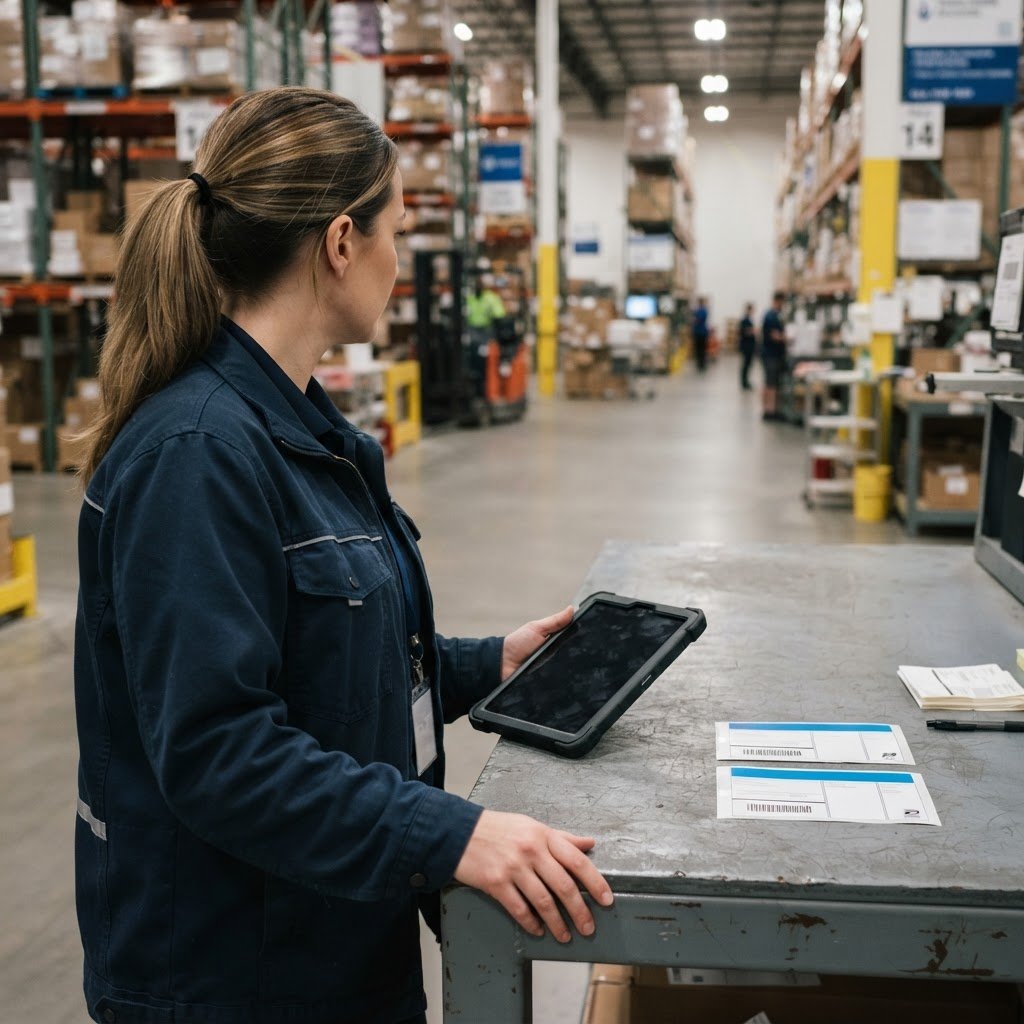 Manager looking at shipping labels at a clean warehouse workstation