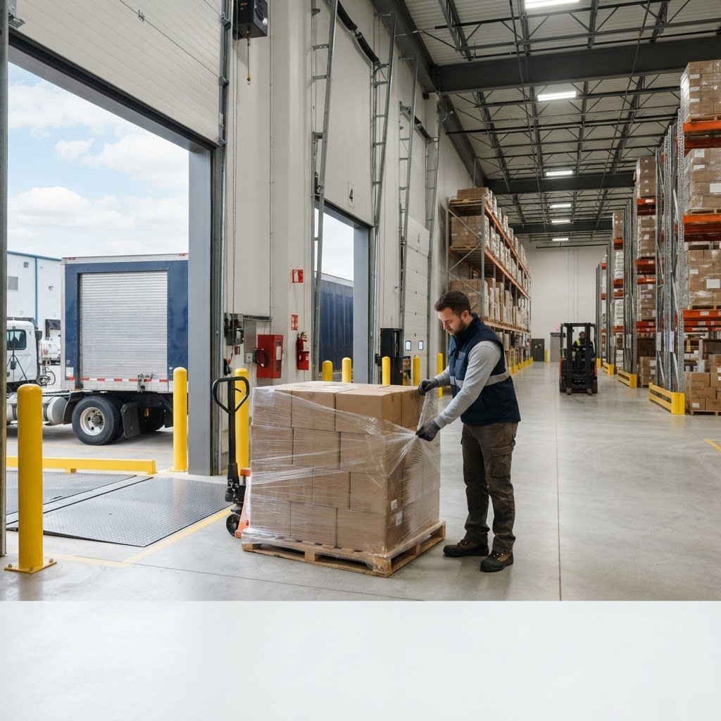 Worker inspecting a pallet near an open loading dock door