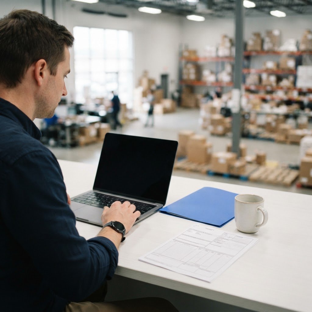 Close up of a logistics manager at a desk with a laptop and documents