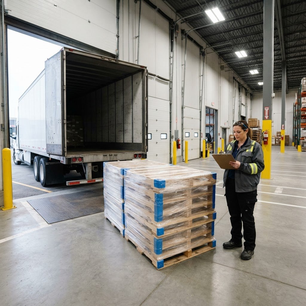 Logistics coordinator at a clean warehouse loading dock with freight pallets