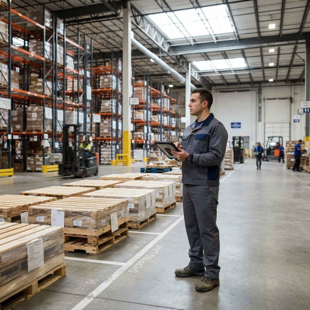 Warehouse worker using a tablet near organized freight pallets