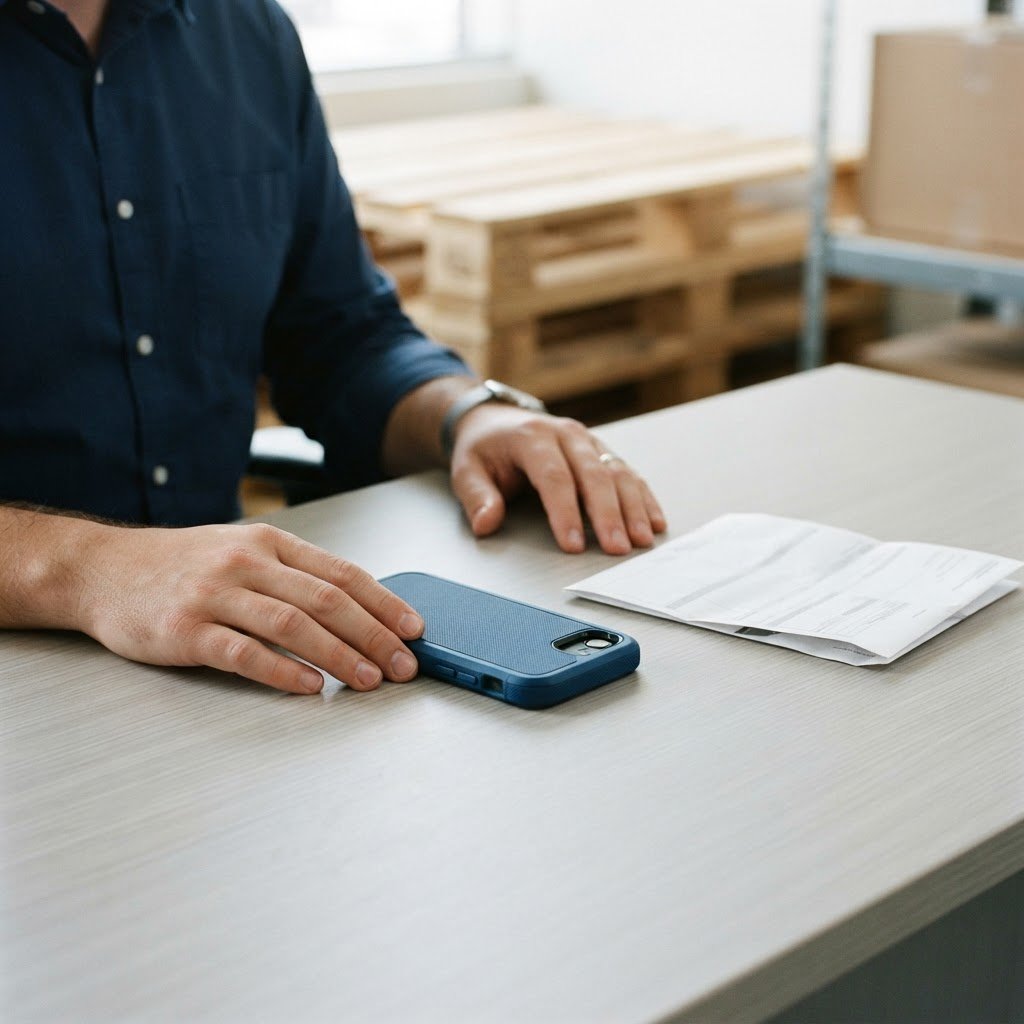 Hands resting near a logistics document and smartphone on an office desk