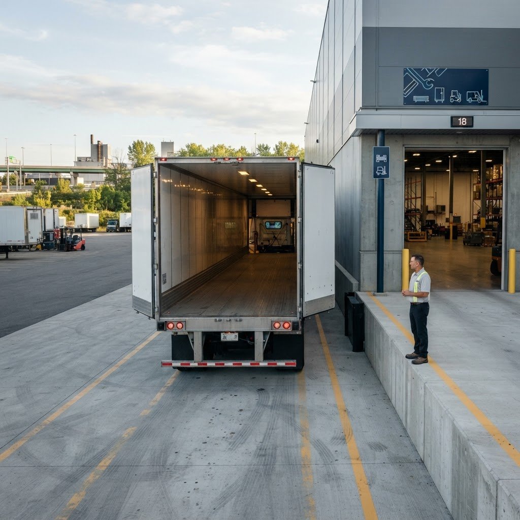 Transport truck reversing into a bright loading bay in an industrial park
