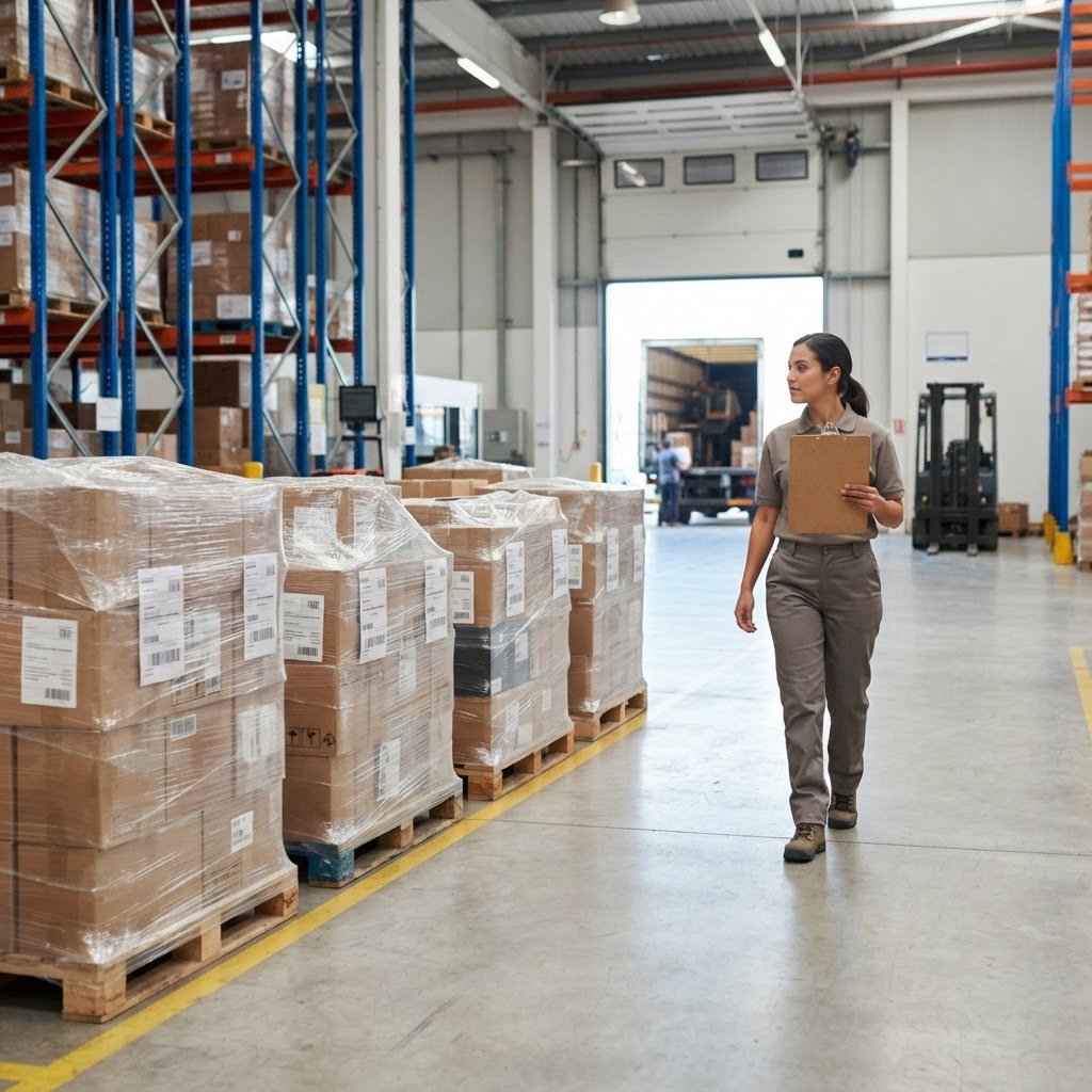 Warehouse staff walking through an organized facility with staged shipping pallets