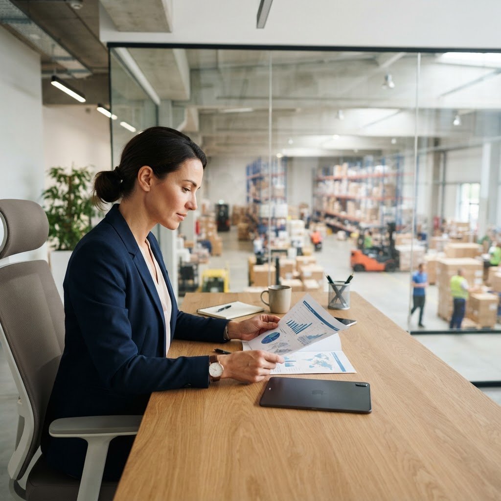 Logistics manager reviewing shipping documentation in an office