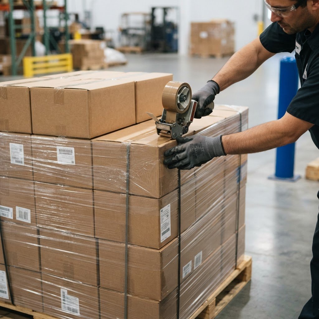 Close up of hands taping a shipping pallet in a clean warehouse