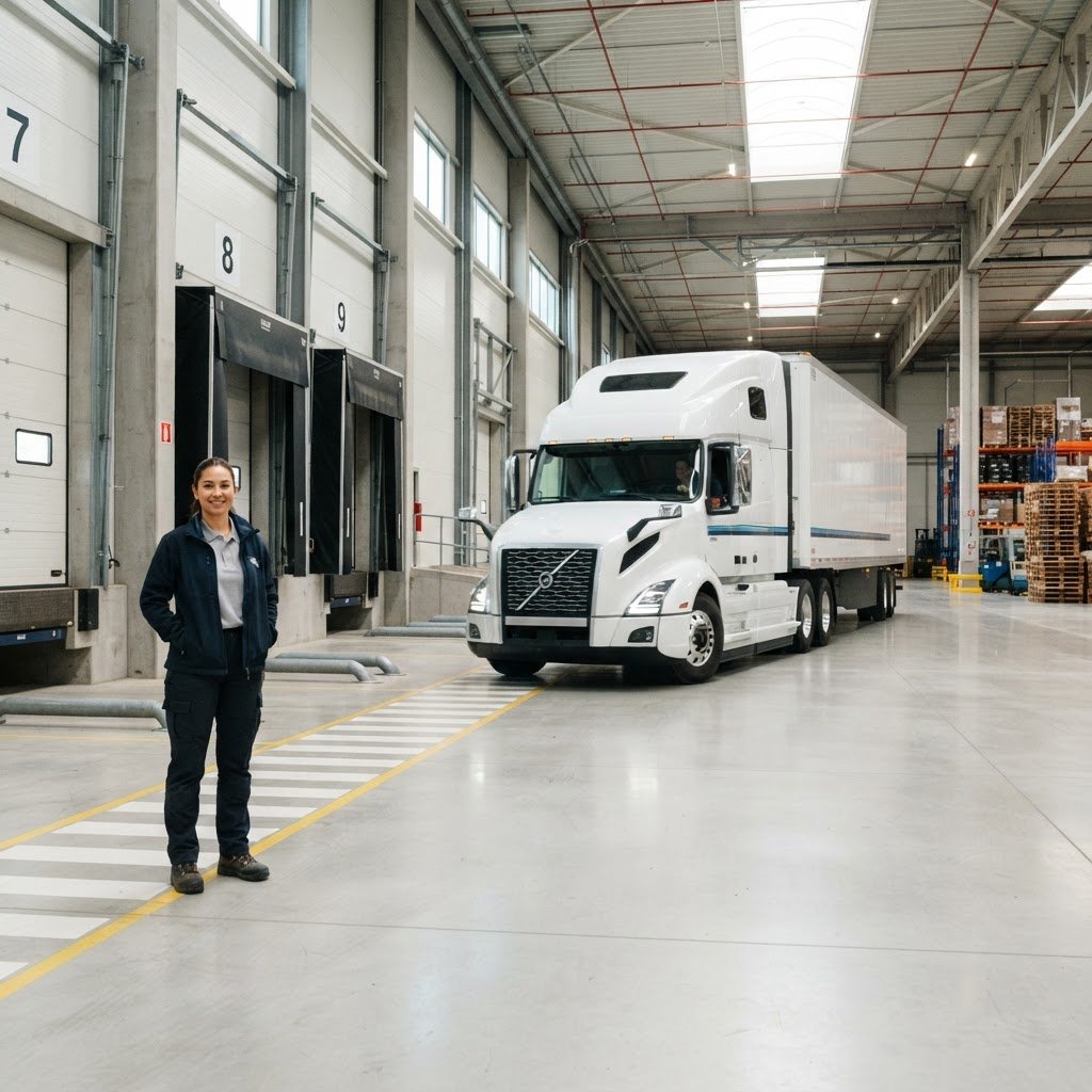 Freight truck leaving a loading bay with a supervisor watching