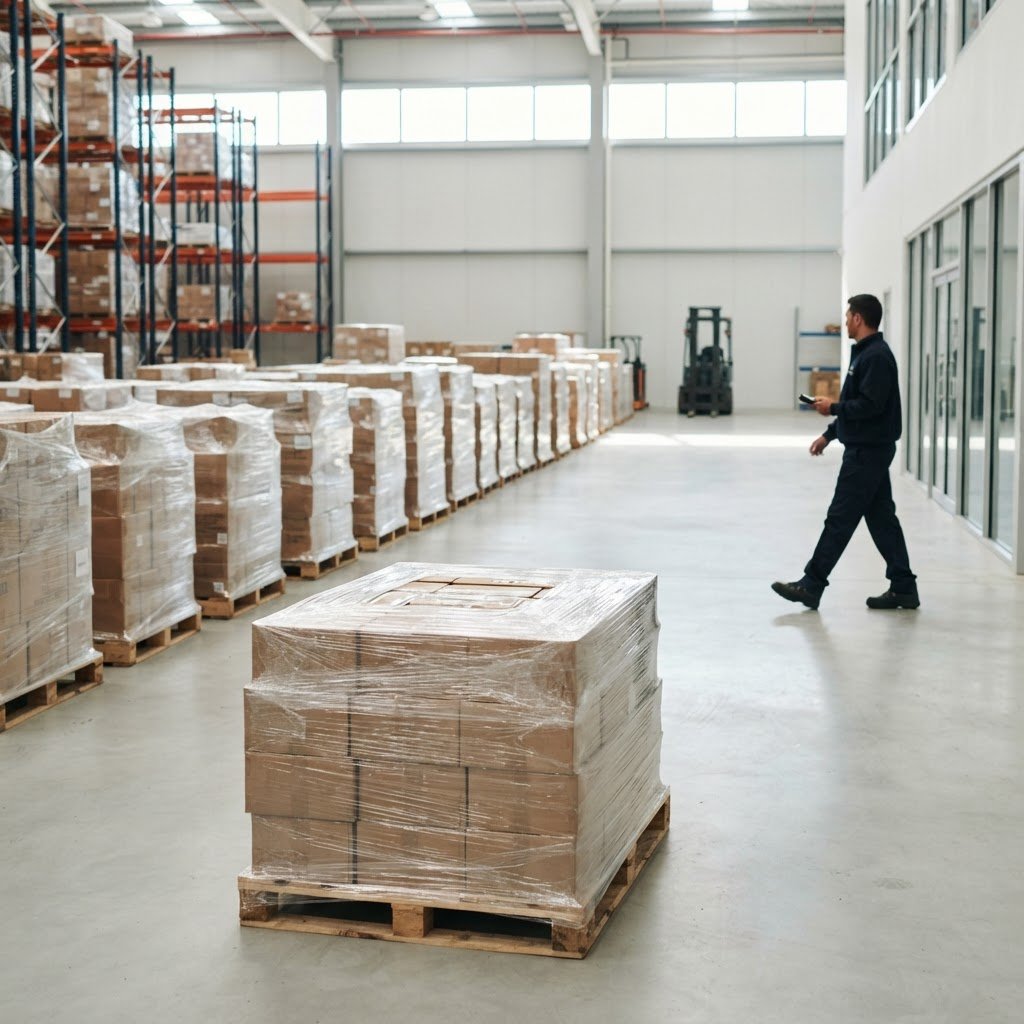 Neatly organized pallets staged for shipment in a bright warehouse