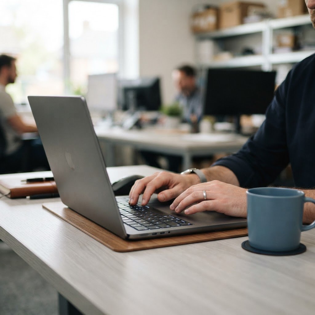Logistics manager working on a laptop at a desk