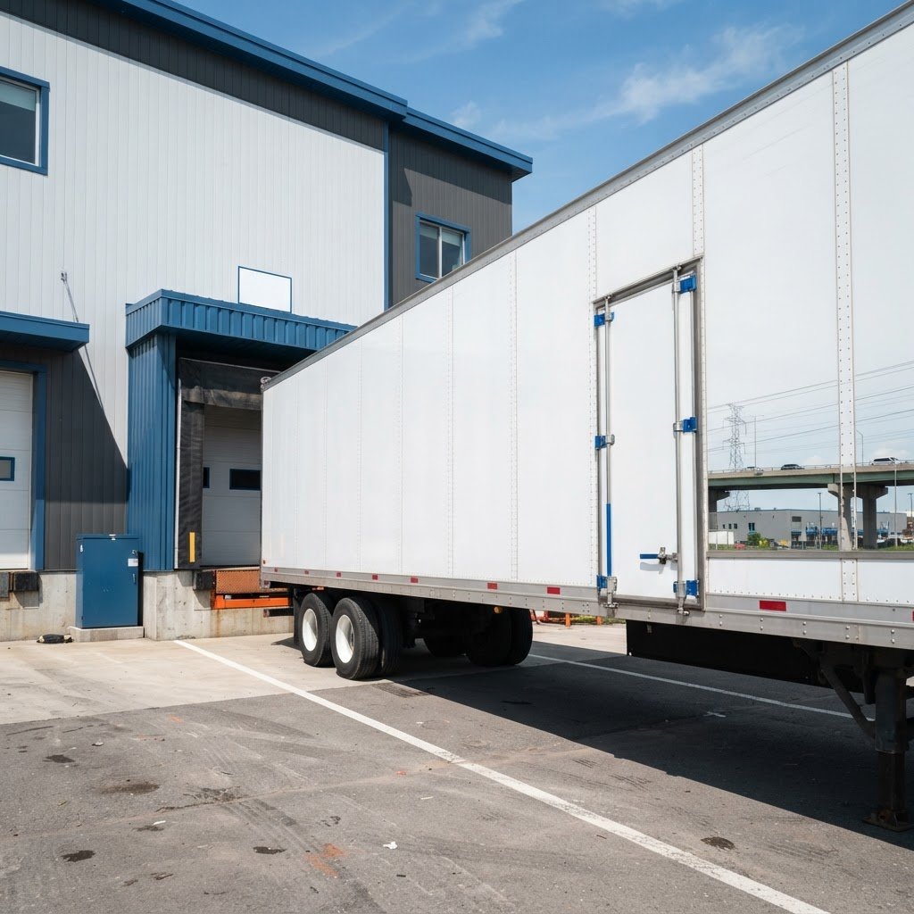 Transport truck trailer at a modern loading bay