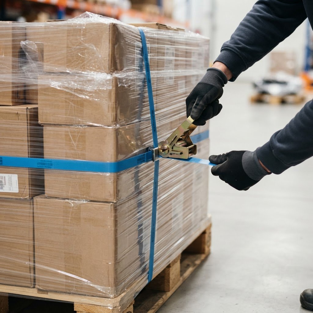 Hands securing a pallet of auto parts with blue strap