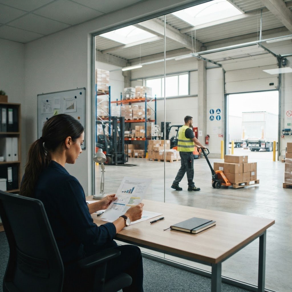 Logistics manager in office looking at warehouse floor