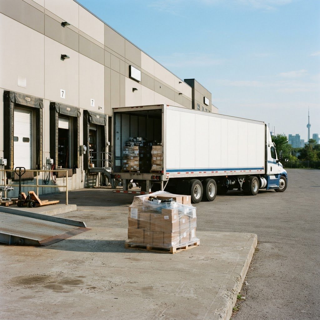 Regional freight truck at loading bay with staged pallet