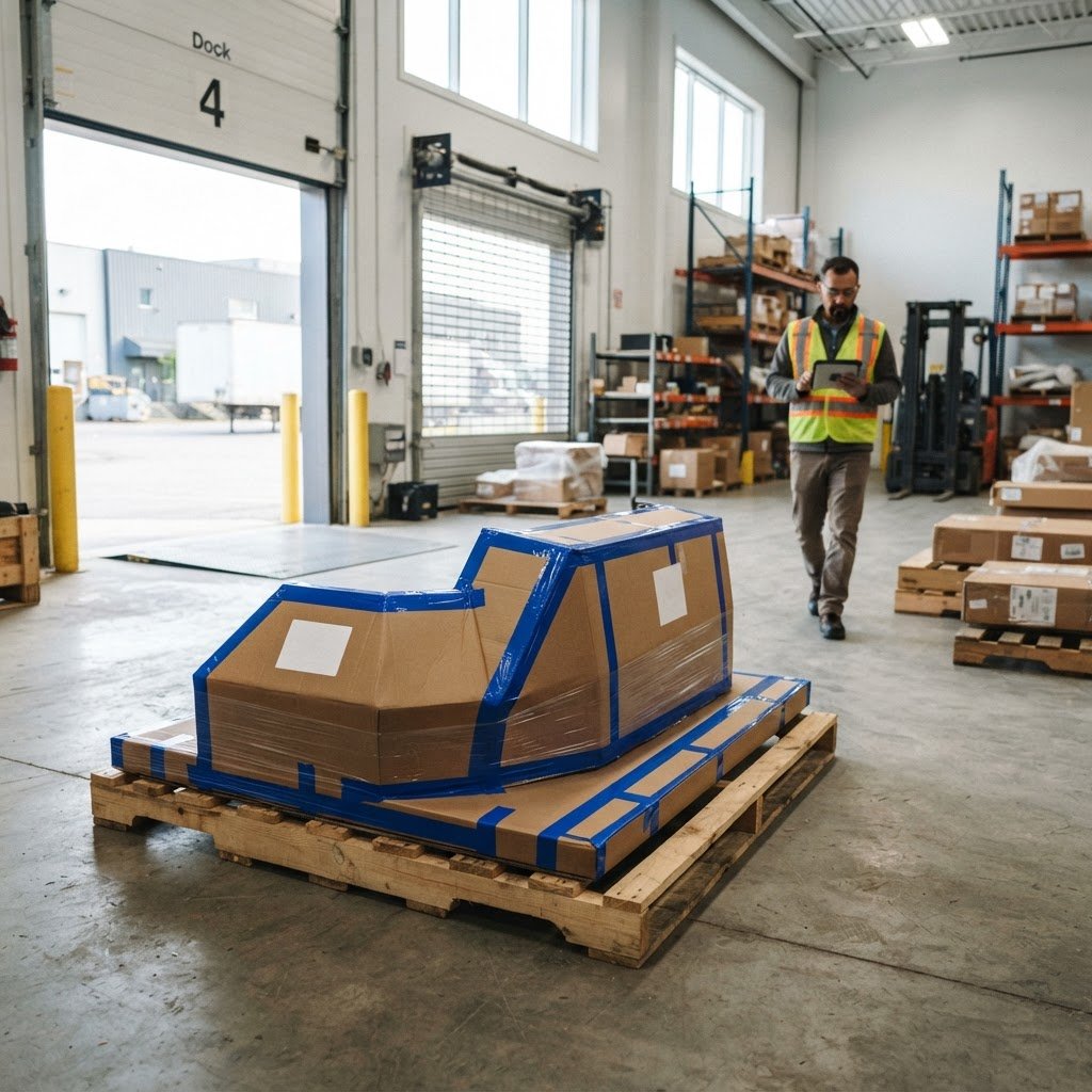 Crated auto bumper on a shipping dock