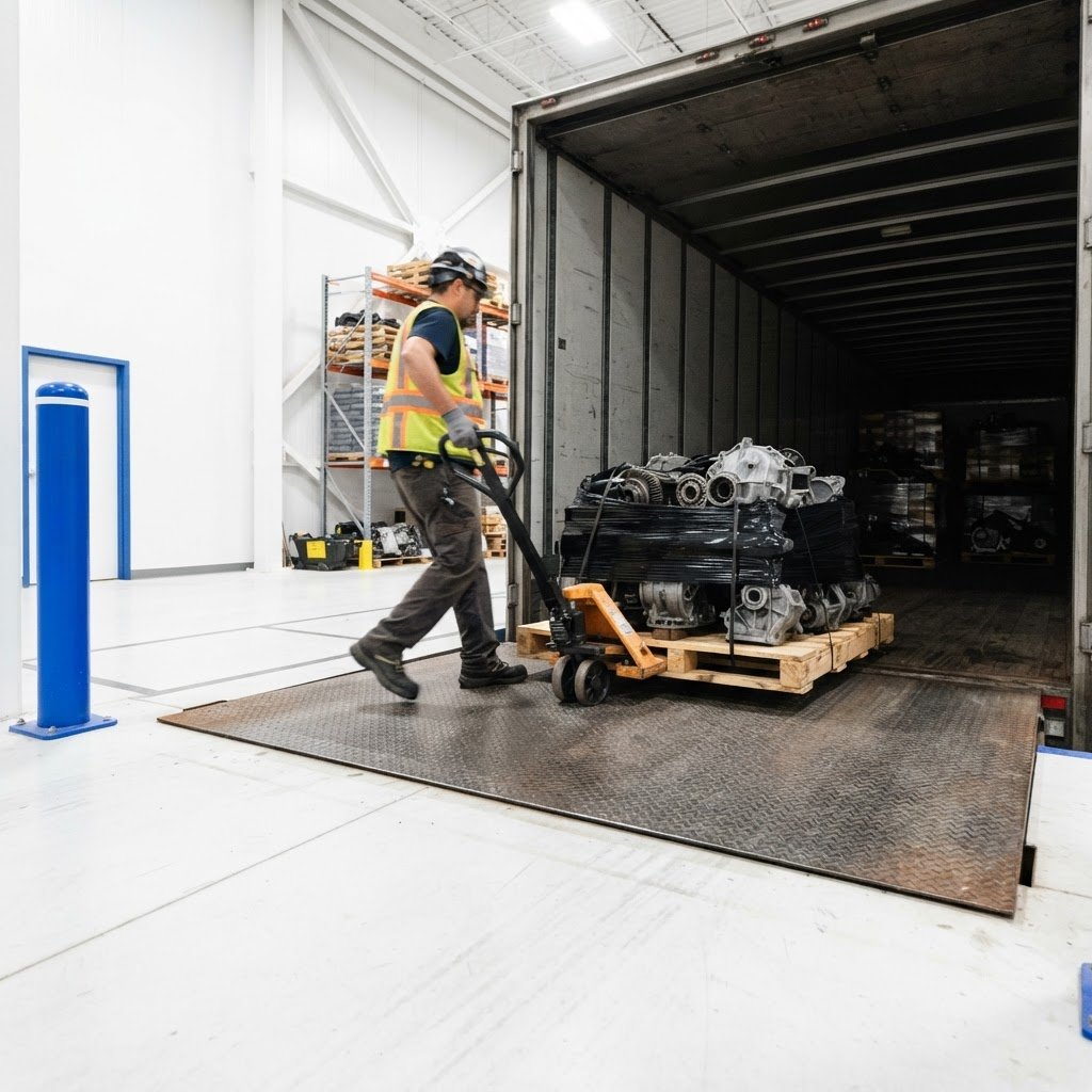 Loading heavy auto parts onto a transport trailer