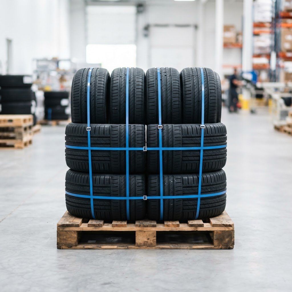 Stack of banded automotive tires on a pallet