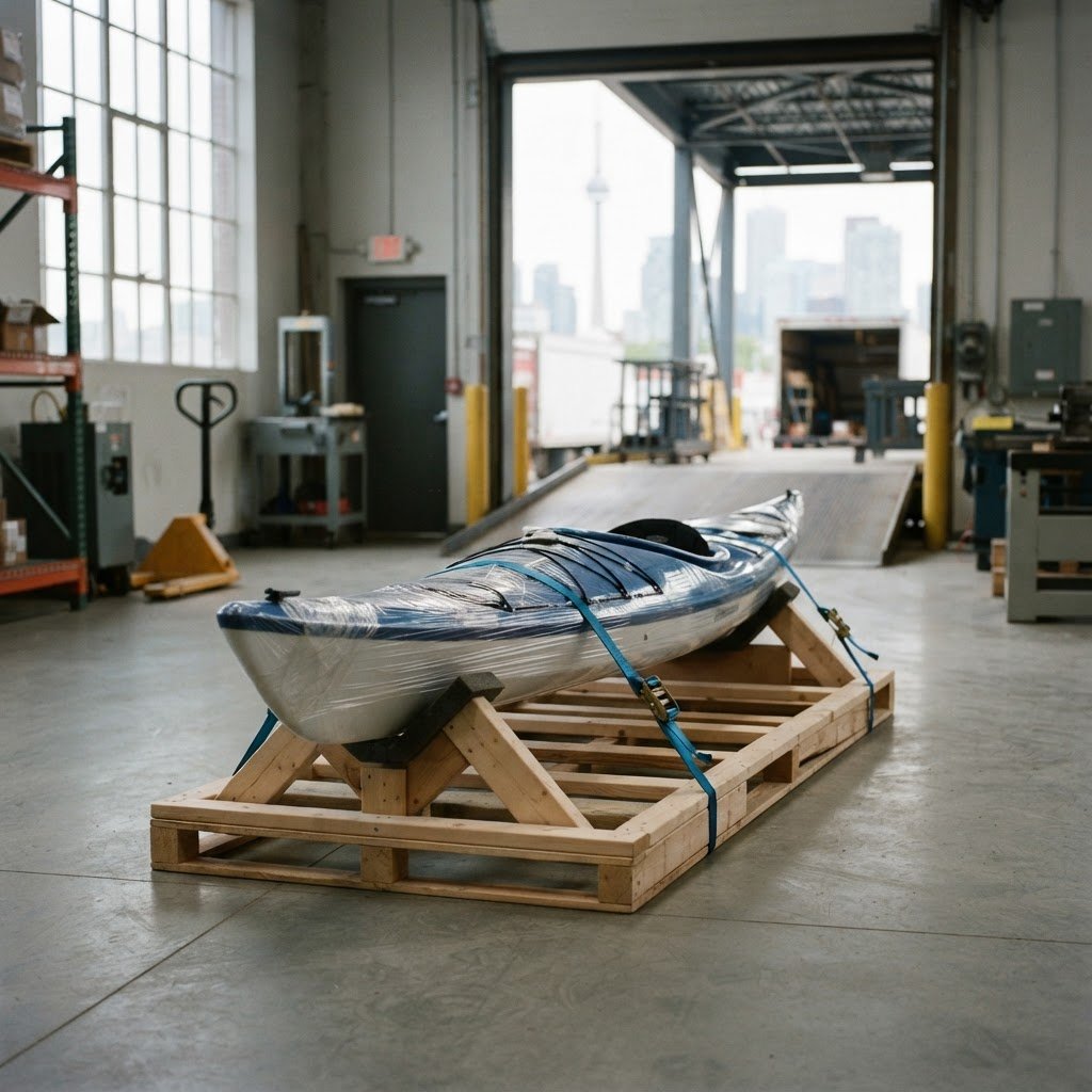 Kayak prepared for LTL freight shipment on a pallet
