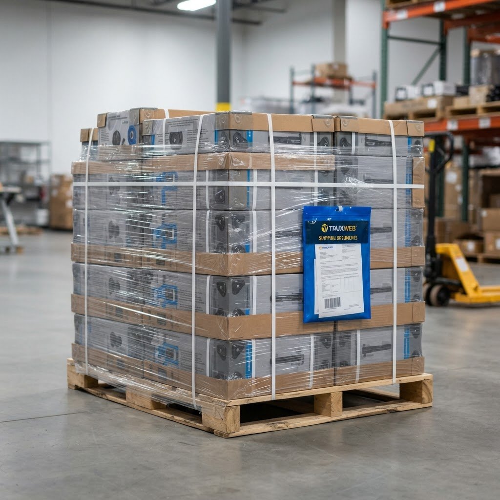 Pallet of boxed fitness equipment prepared for shipping