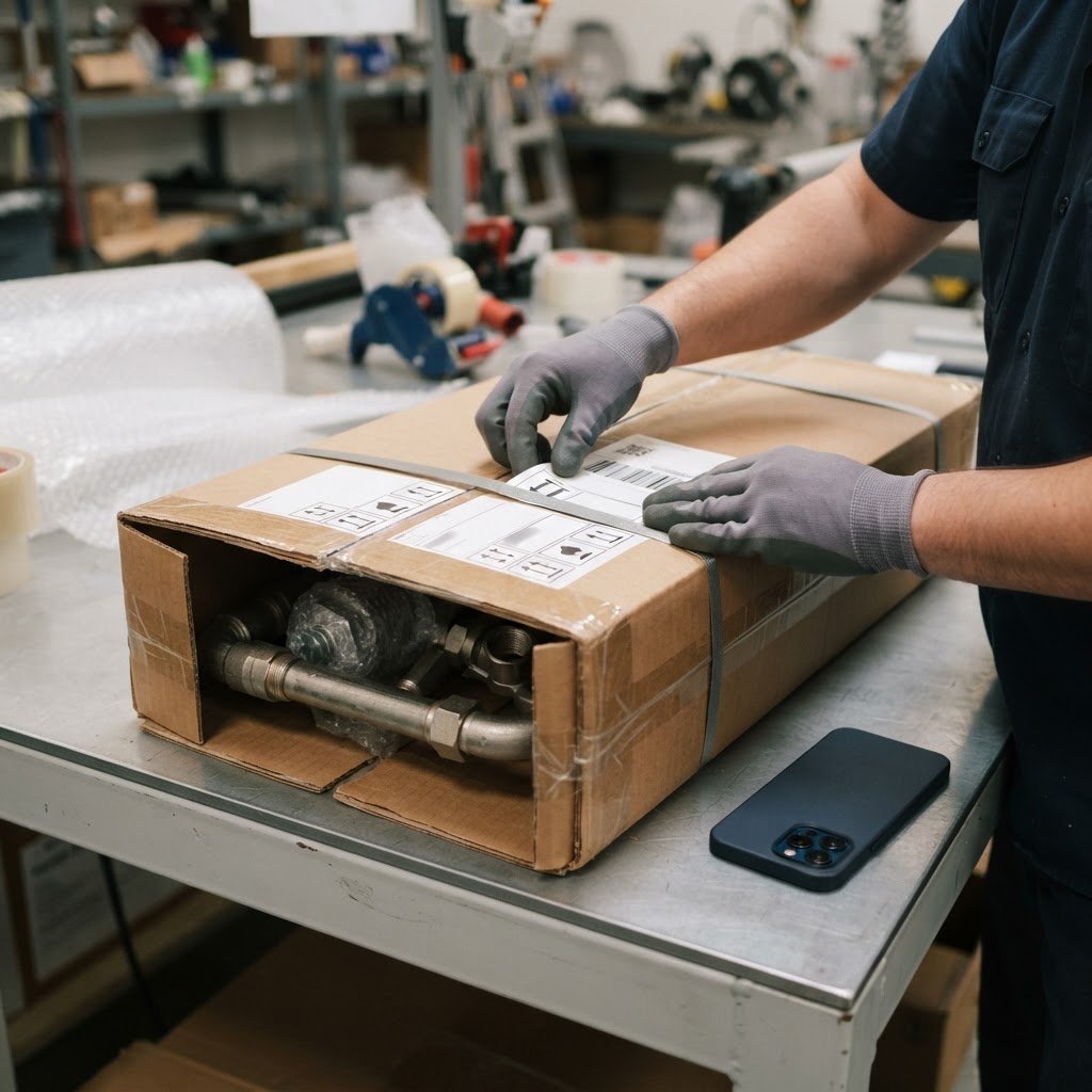 Close up of hands labeling construction hardware for shipping