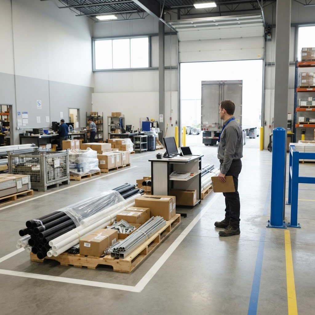 Staged pallets of construction materials in a bright warehouse