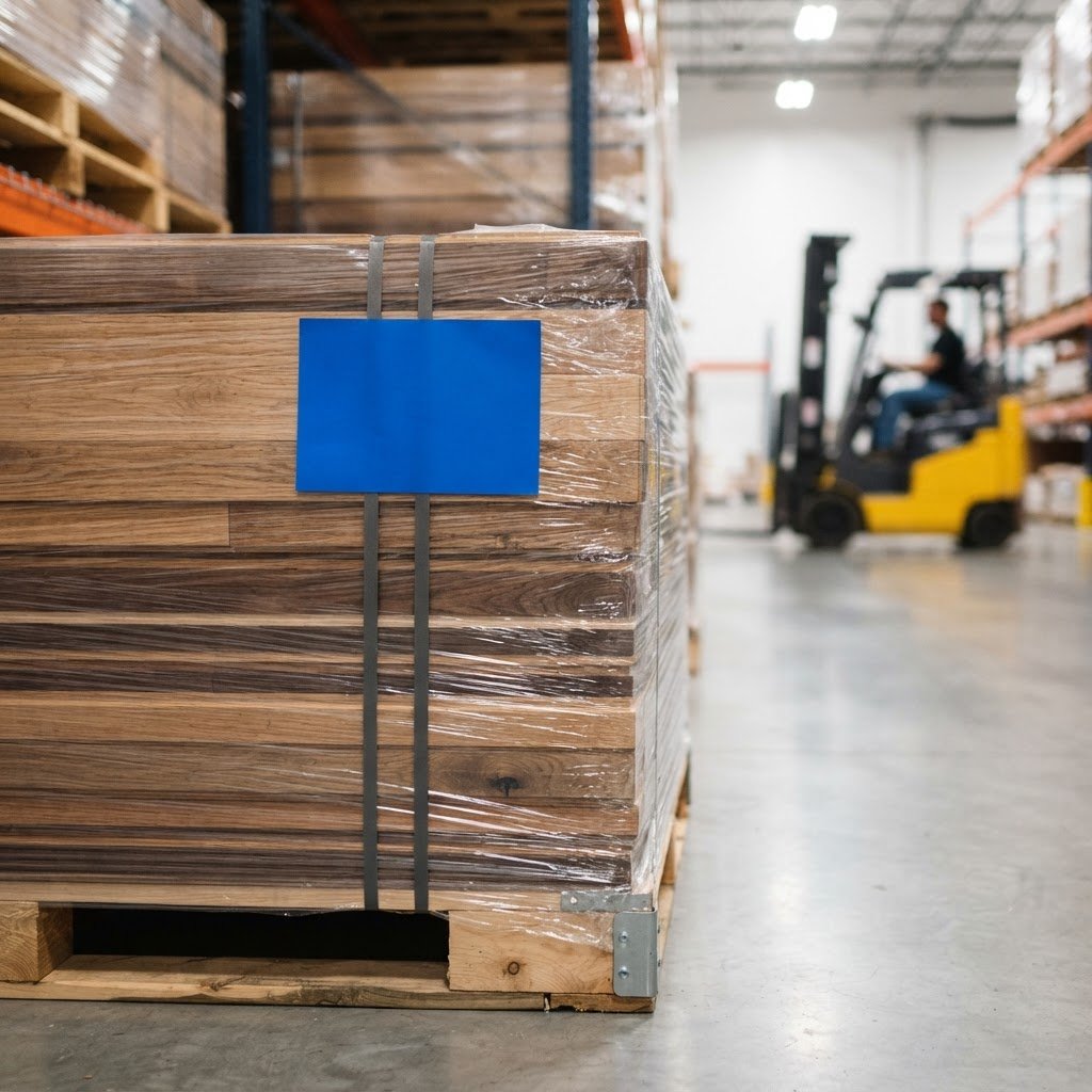 Hardwood flooring pallets prepared for freight