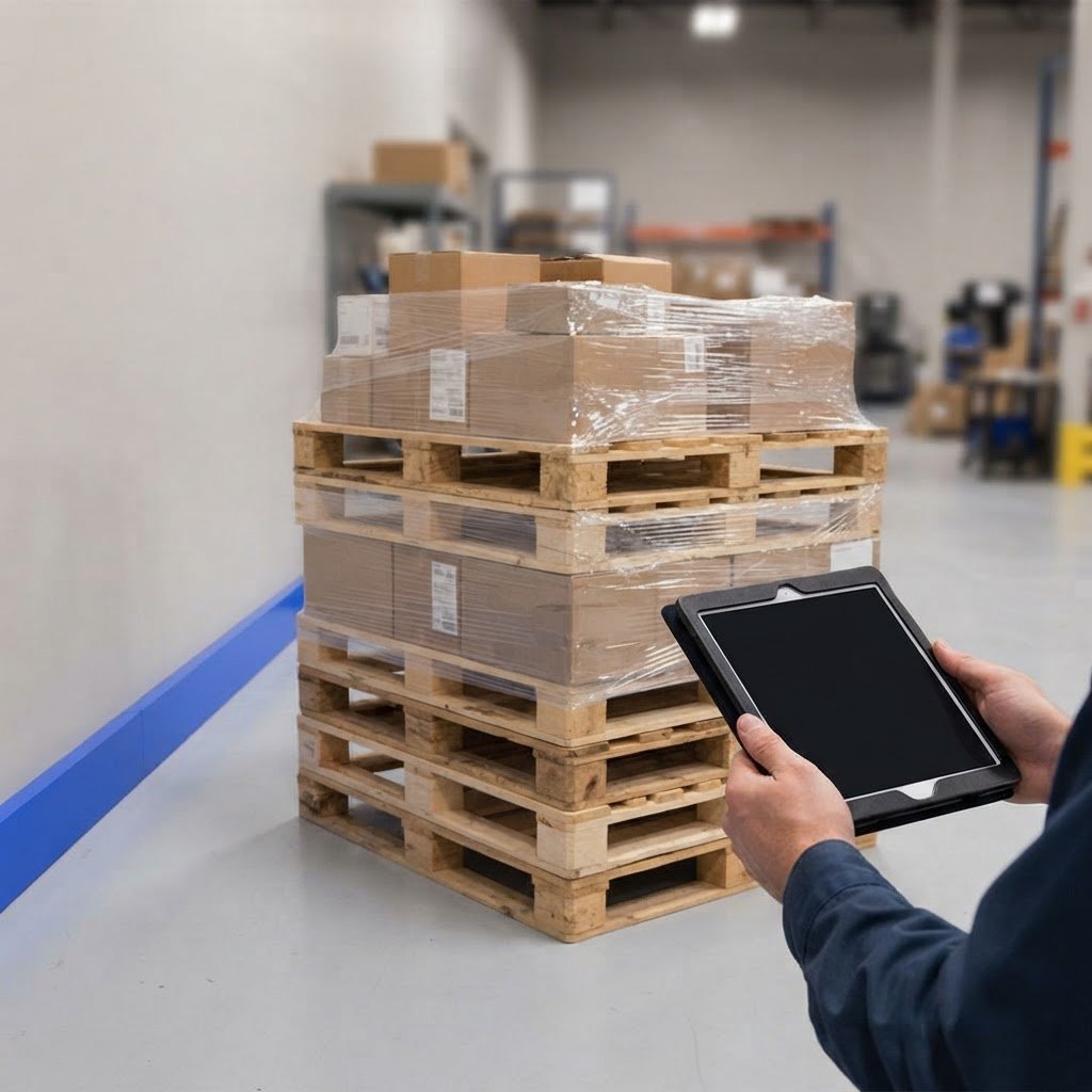 Close up of prepared shipping pallets in a clean warehouse environment
