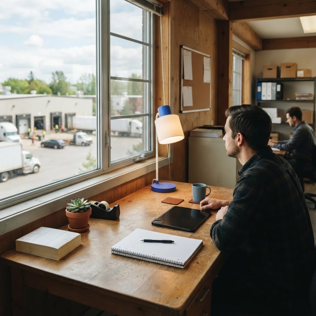 Professional shipping office workspace with organized supplies