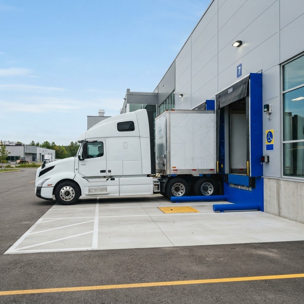Transport truck backing into a shipping bay at a Quebec facility