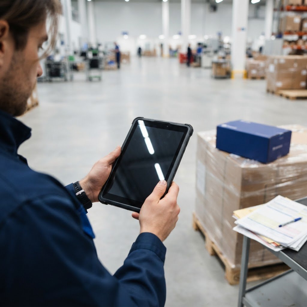 Hands holding a tablet near a prepared shipping pallet