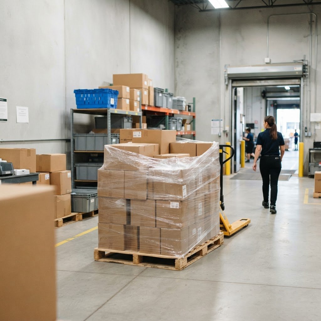 Organized shipping pallet in a Montreal distribution center