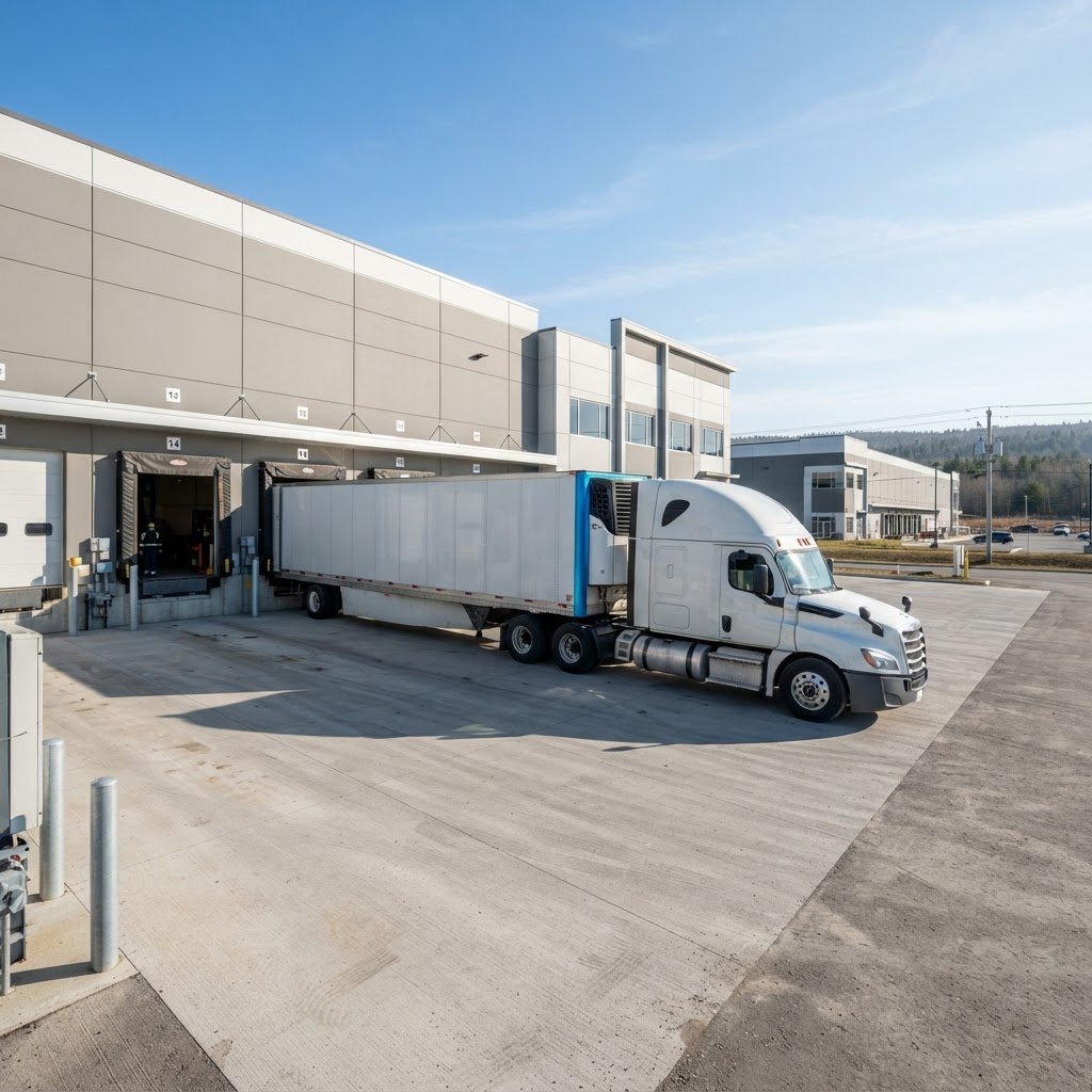 Truck parked at a clean Quebec warehouse loading bay