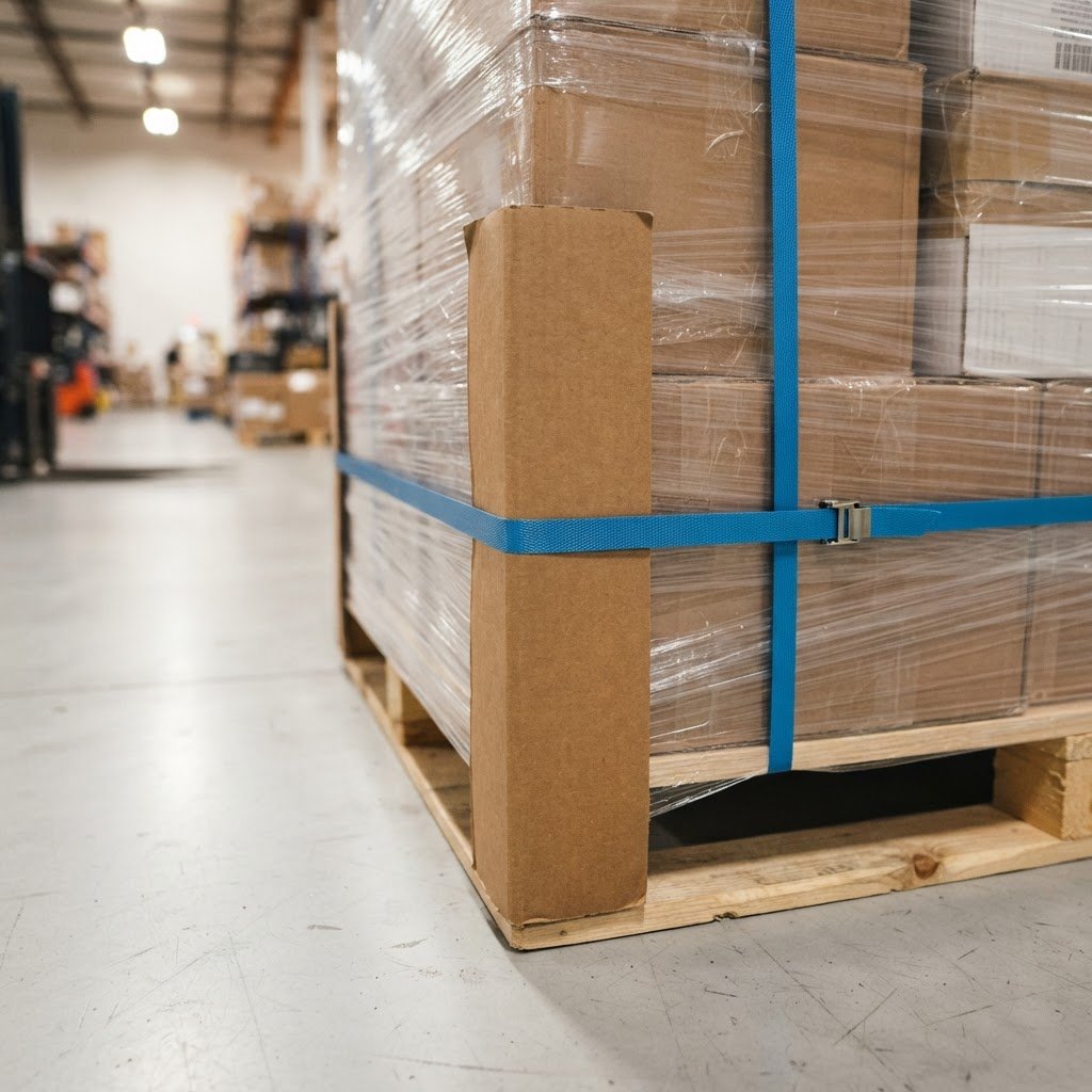 Close up of securely wrapped pallet with blue strapping
