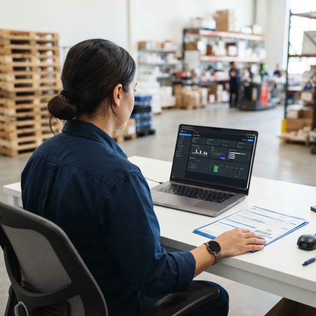 Logistics manager reviewing shipping information on a laptop
