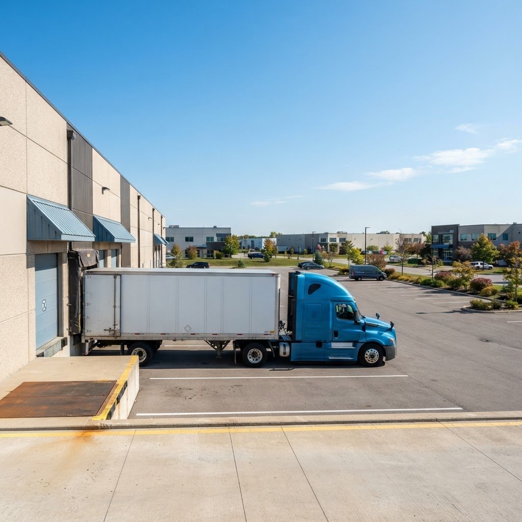 Transport truck parked at a clean industrial loading dock