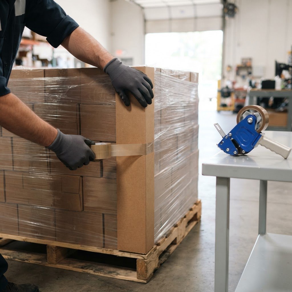 Hands securing protective packaging on a pallet